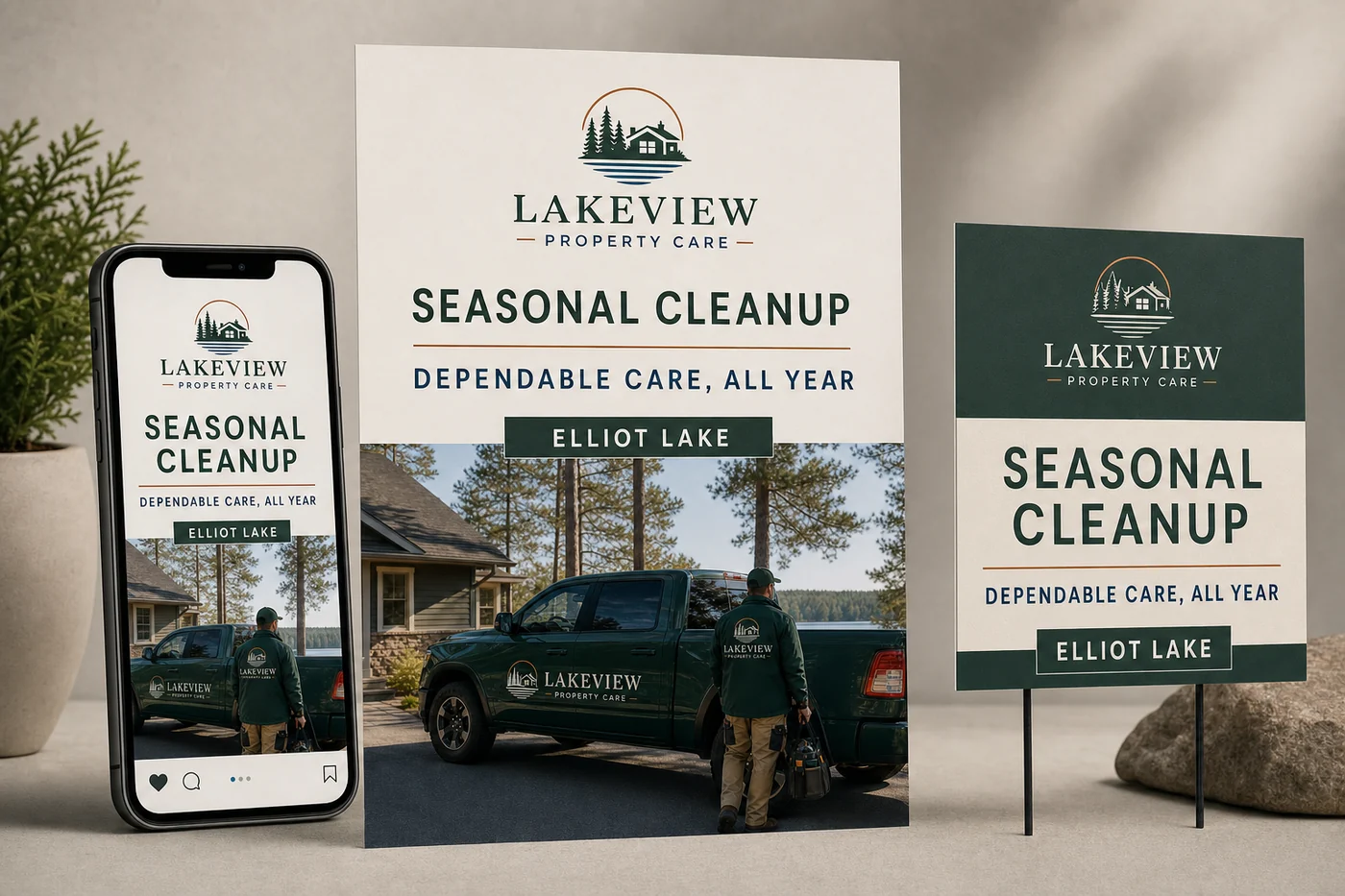 Lakeview Property Care social post, promotional flyer and lawn-sign campaign concept