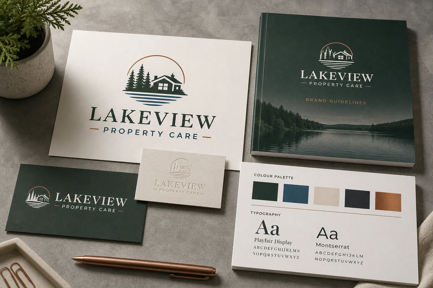 Lakeview Property Care logo, colour palette, typography and brand-guideline concept
