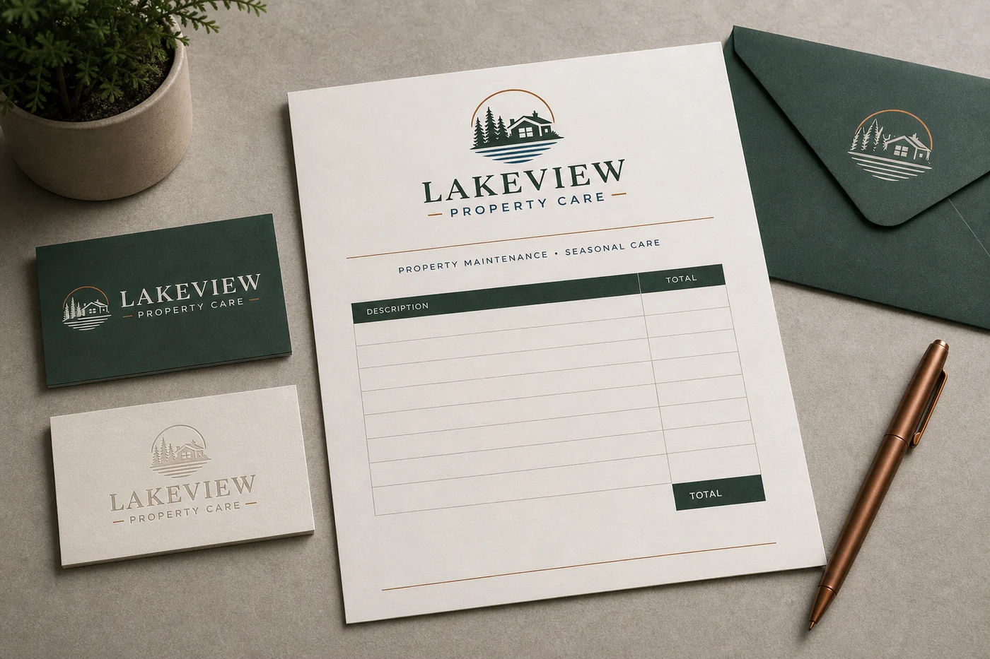 Lakeview Property Care business cards, estimate sheet, envelope and branded pen