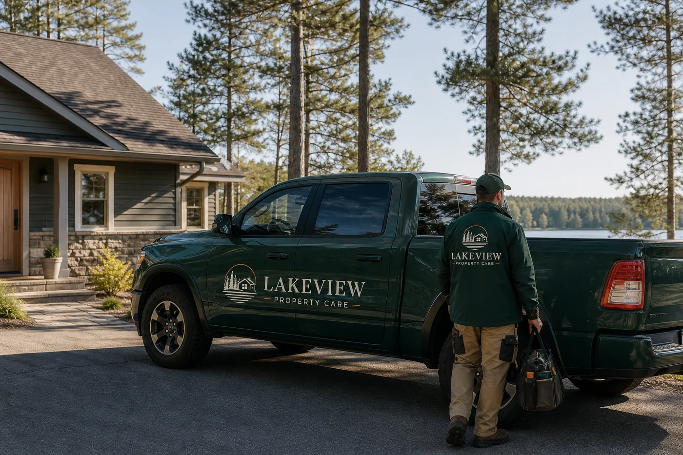 Lakeview Property Care service truck and coordinated employee workwear beside a Northern Ontario home
