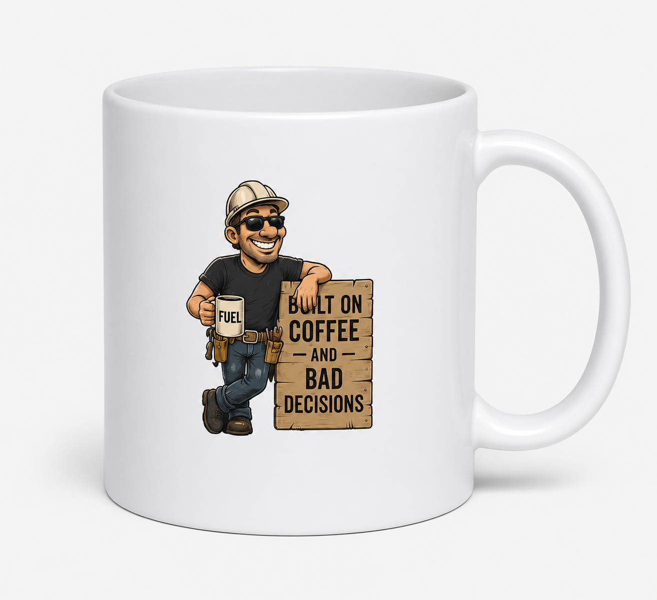 White custom mug with Built on Coffee and Bad Decisions artwork