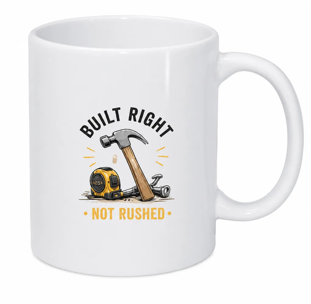 White Built Right Not Rushed custom mug