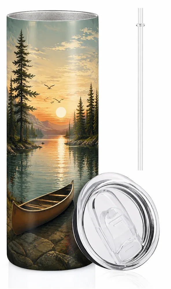 Tall custom tumbler featuring a Northern Ontario canoe and sunset scene