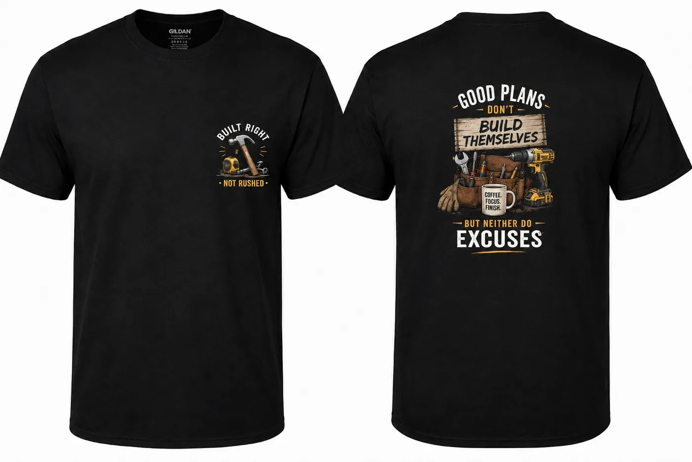 Custom black workwear shirt shown from the front and back