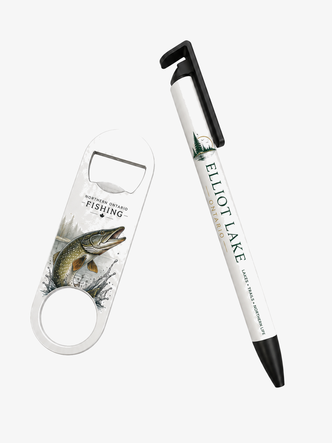 Elliot Lake fishing bottle opener and matching branded pen