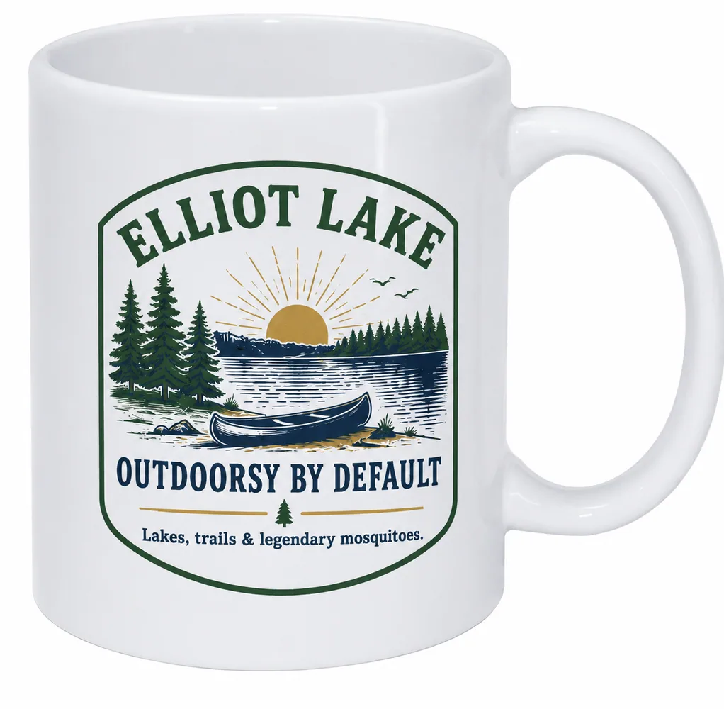 White Elliot Lake Outdoorsy by Default custom mug