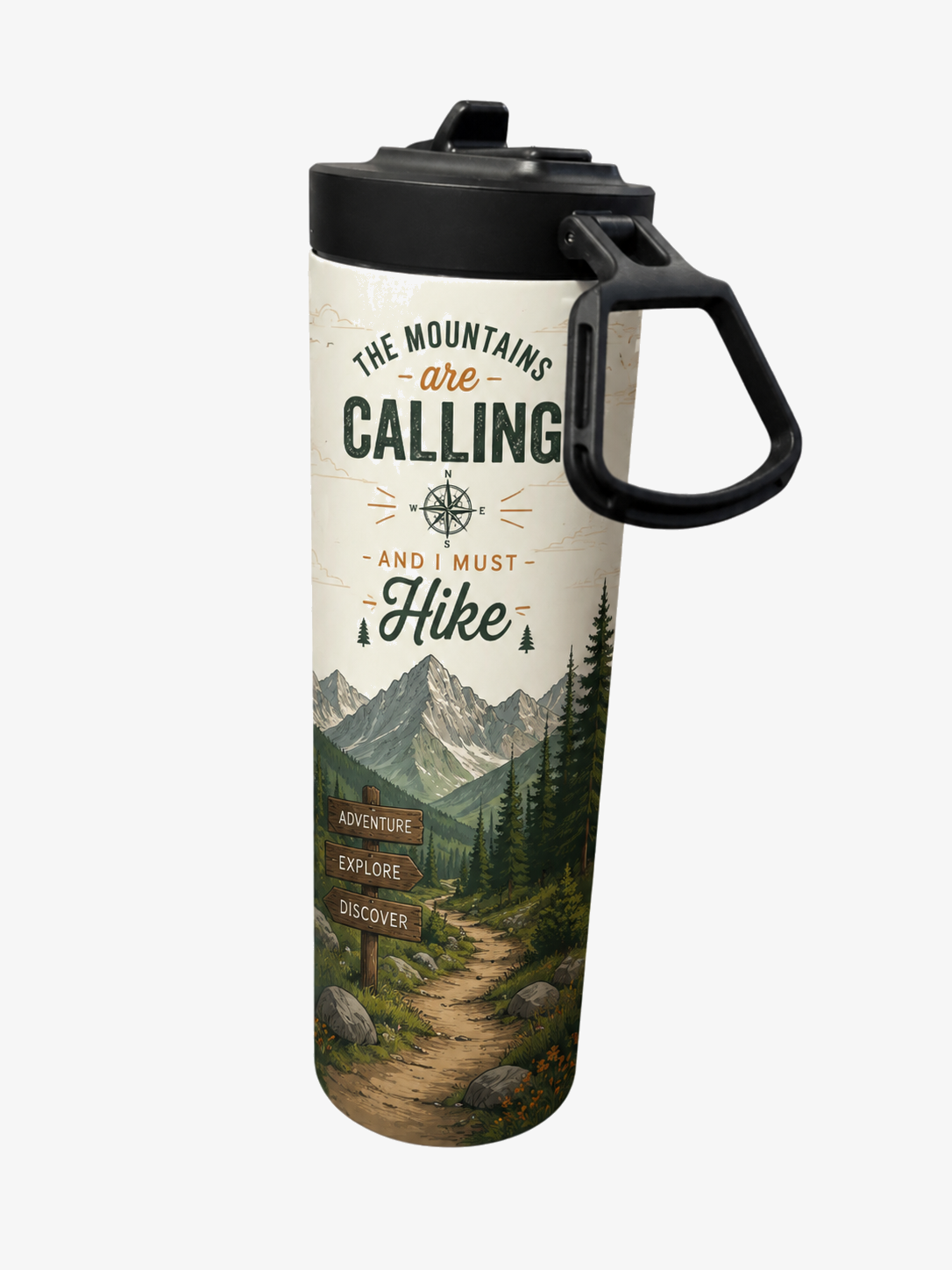 Custom hiking travel mug with mountain trail artwork