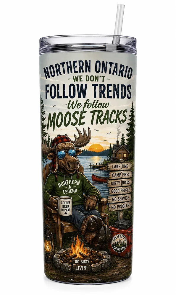 Northern Ontario custom tumbler featuring a moose at a campfire