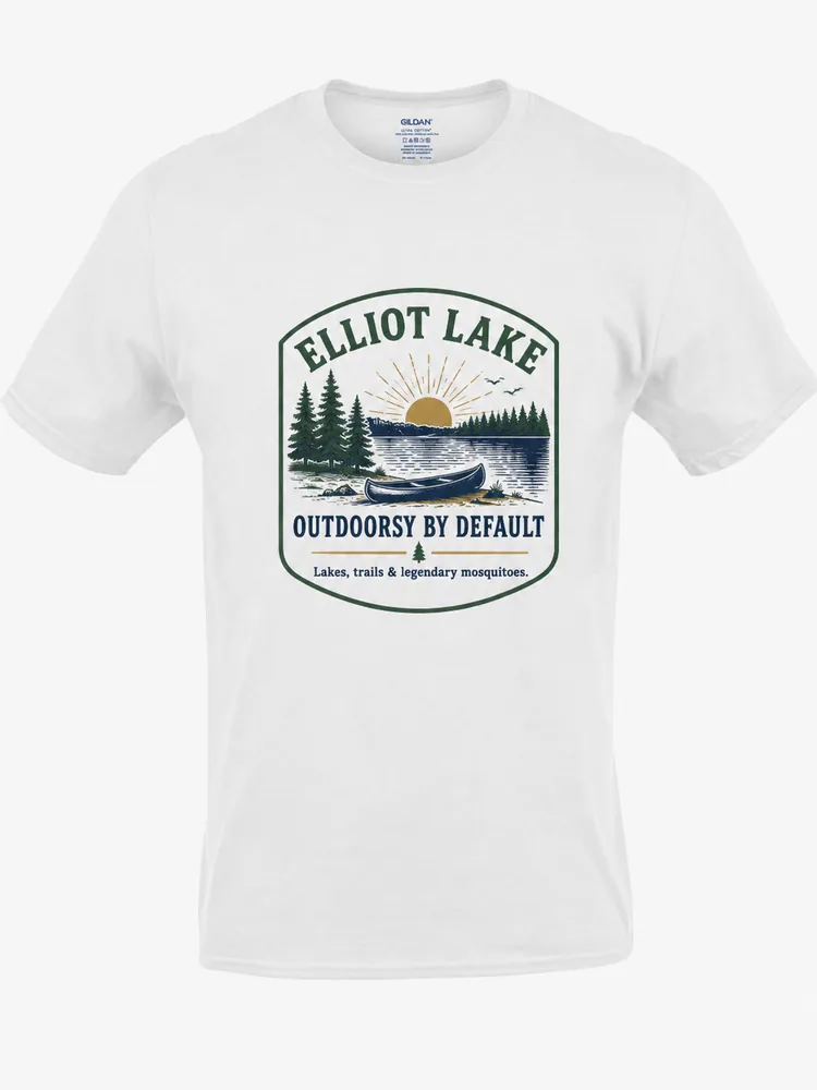 White Elliot Lake Outdoorsy by Default custom shirt