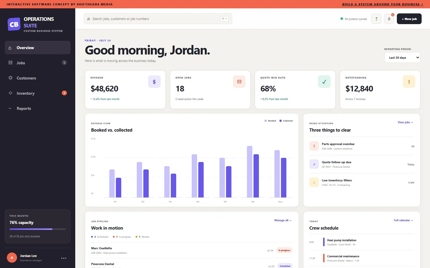 Custom Business Operations Suite showing jobs, revenue, reports, inventory and crew scheduling