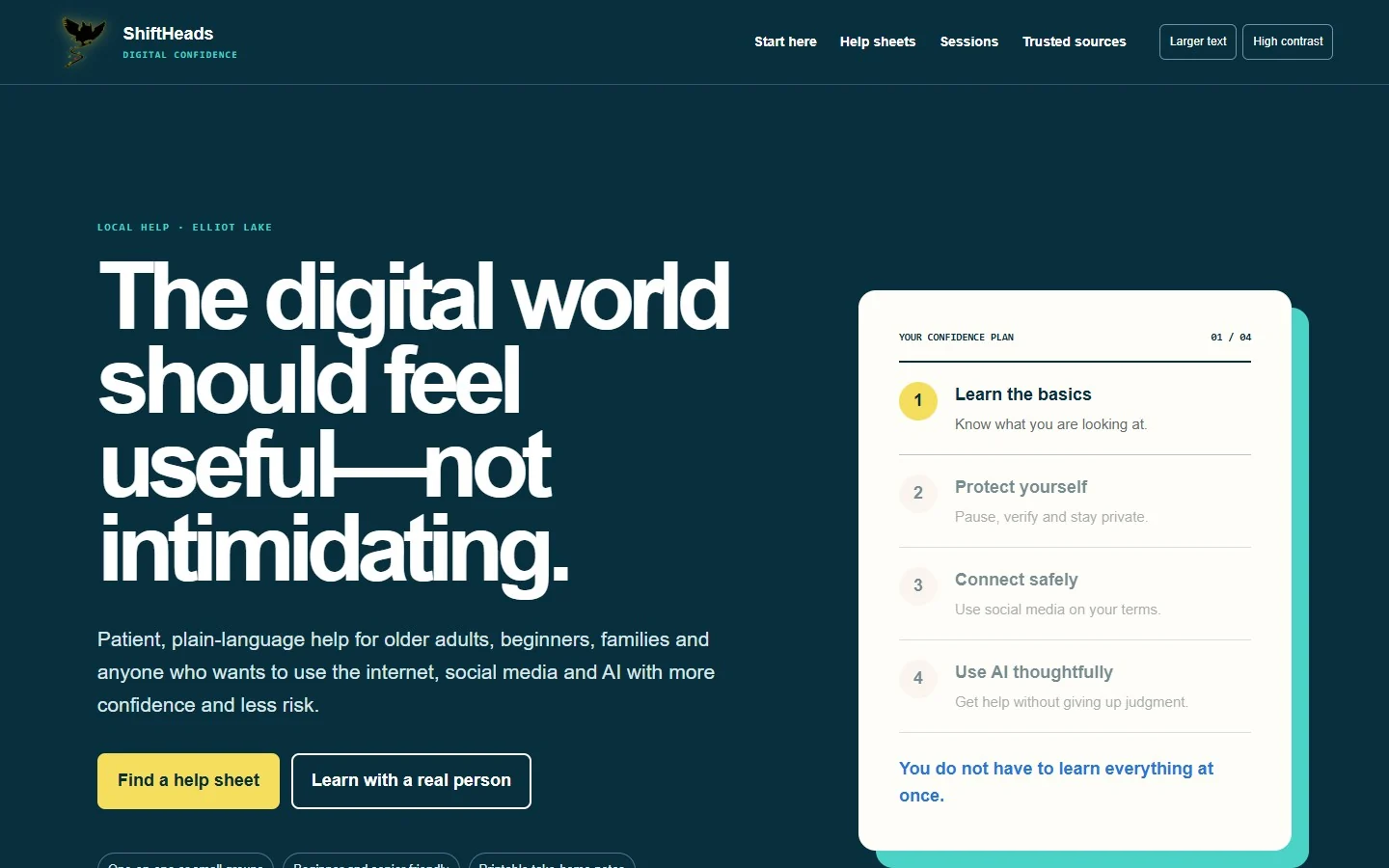 Digital Confidence Hub showing its plain-language learning plan for safer internet, social-media and AI use