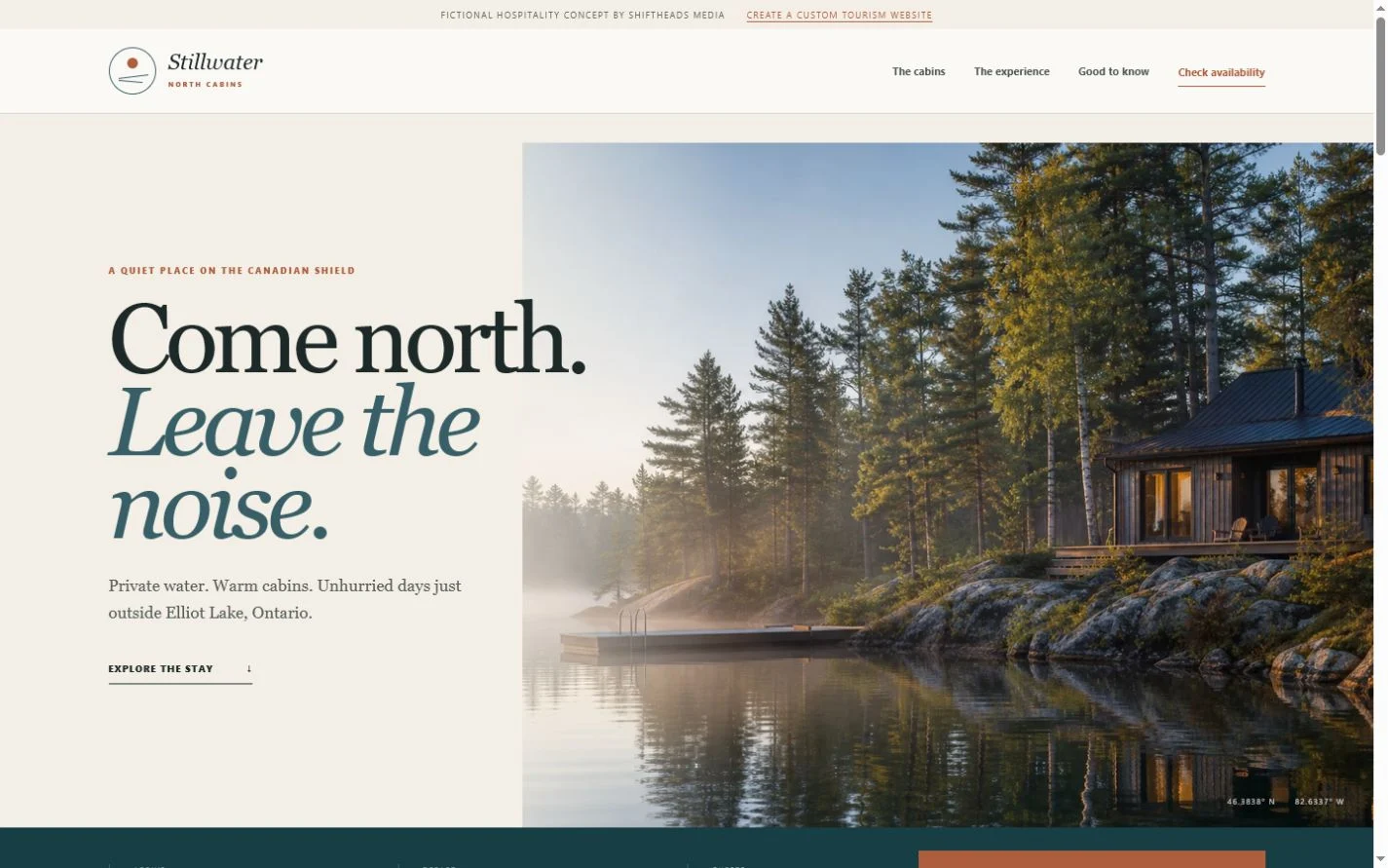 Stillwater North Cabins tourism website concept shown at desktop size