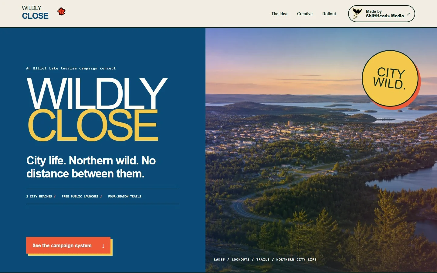 Wildly Close Elliot Lake tourism campaign landing page featuring the city and surrounding lakes